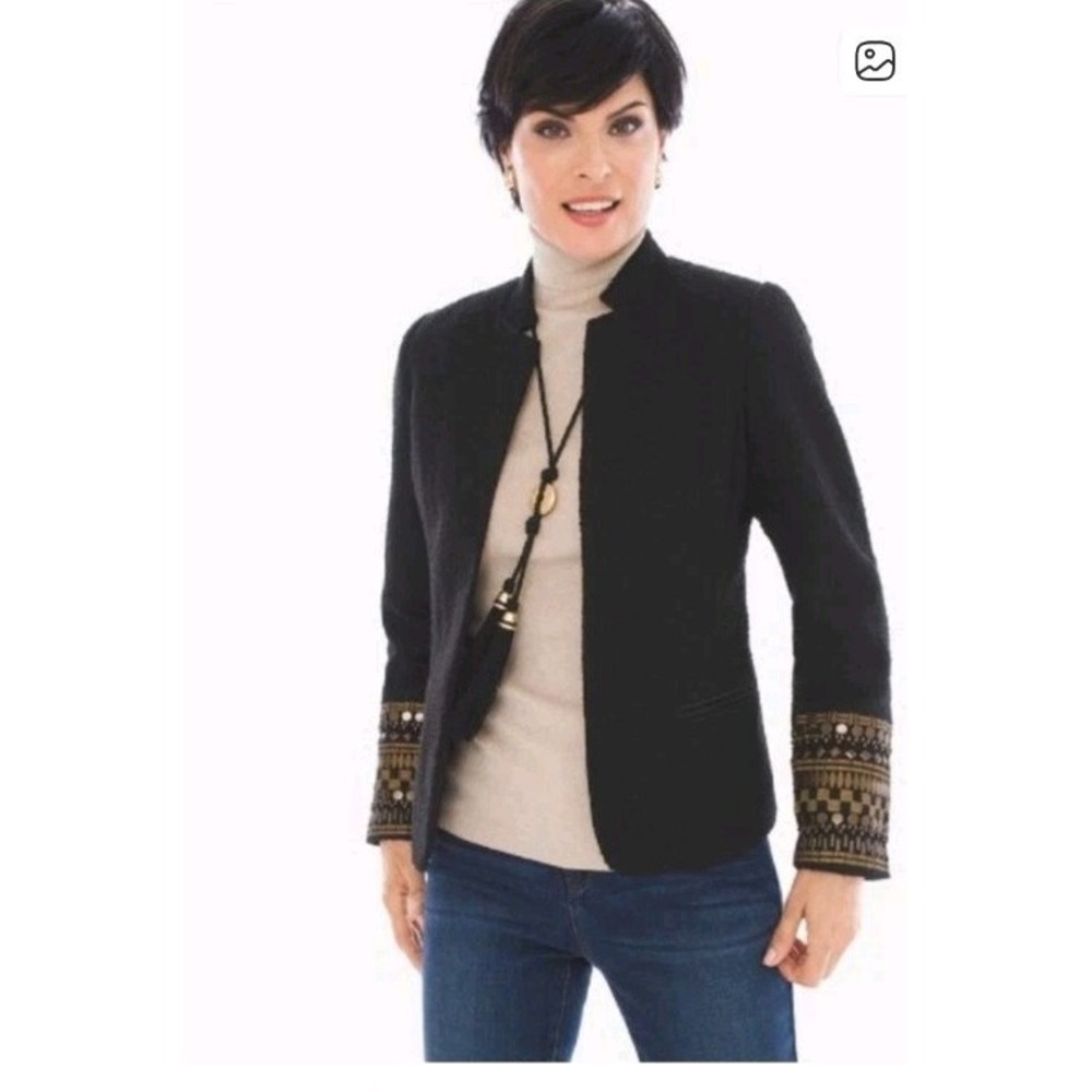 Chico's Size 0 NWT Embellished Sleeve Tribal Boho Chic Blazer Jacket Black Gold